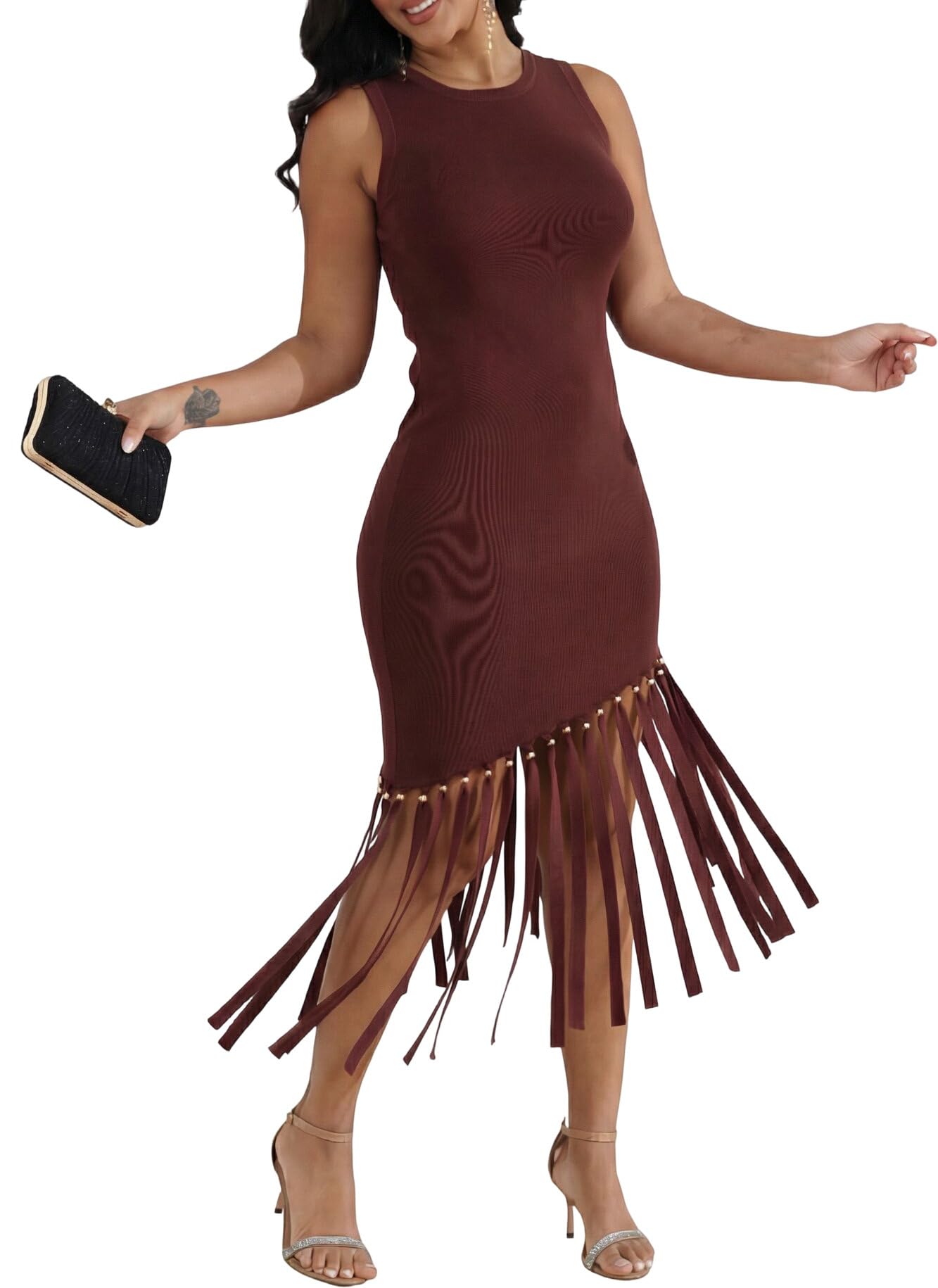 Ryehack Women’s Sexy Bodycon Midi Dress Elegant Sleeveless Asymmetrical Fringe Cocktail Prom Party Dress with Metal Bead