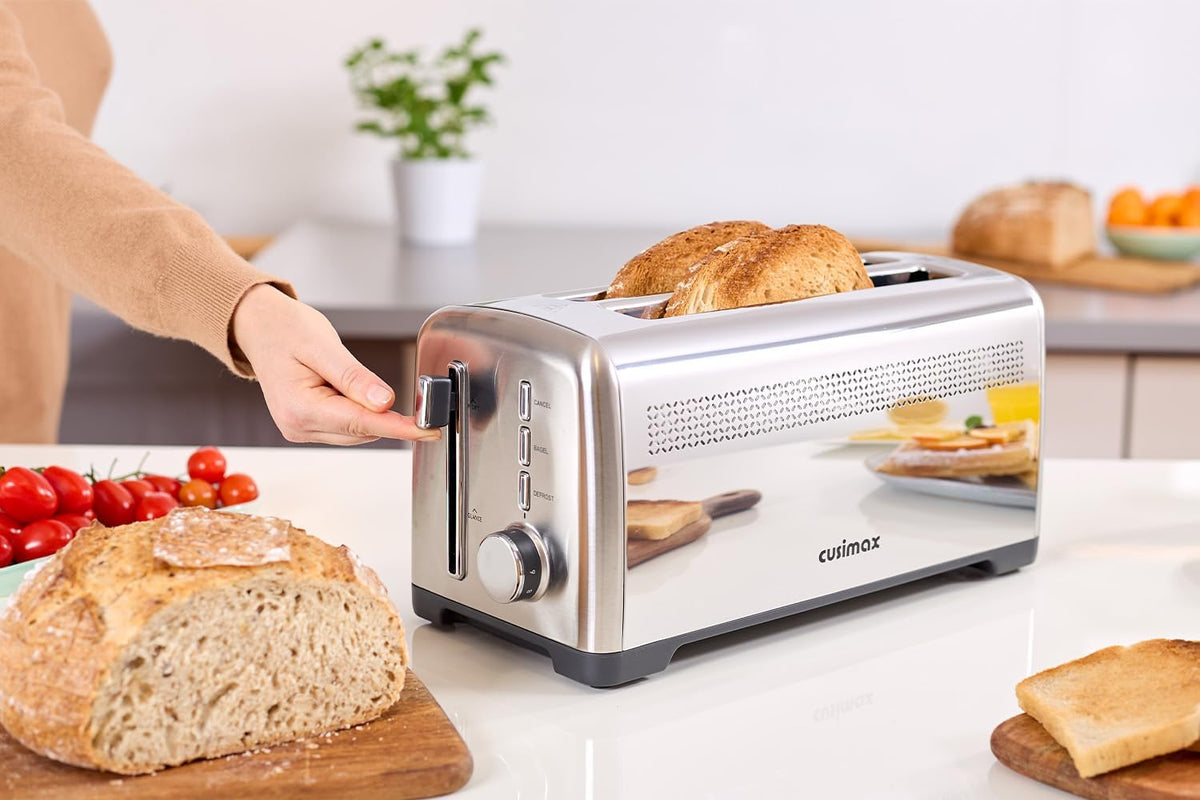 4 Slice Toaster, CUSIMAX Extra-Long Slots for Artisan Bread, Quick Glance Function, 9 Browning Settings, Bagel, Defrost & Cancel, Removable Crumb Tray, Stainless Steel