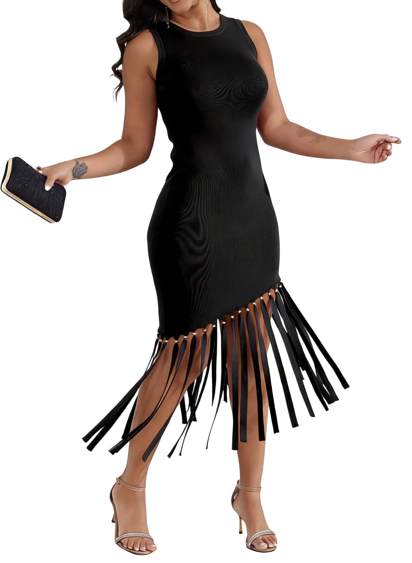 Ryehack Women’s Sexy Bodycon Midi Dress Elegant Sleeveless Asymmetrical Fringe Cocktail Prom Party Dress with Metal Bead