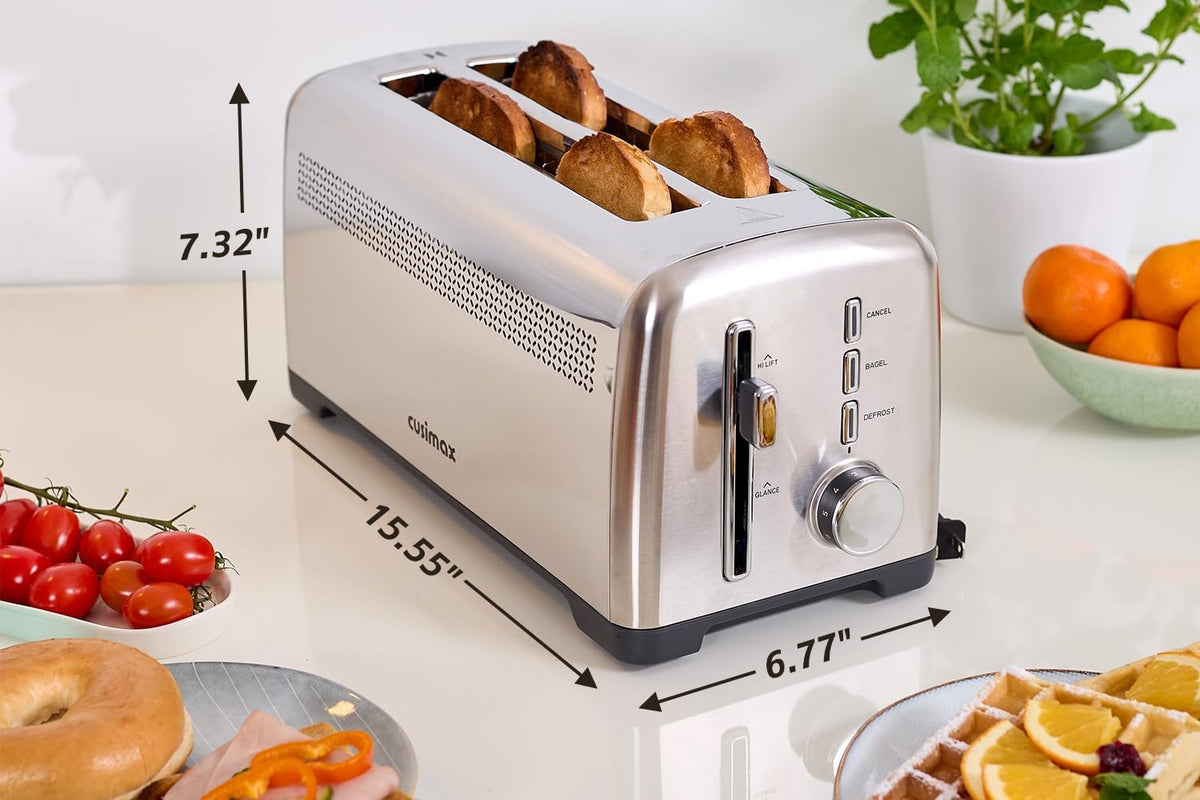 4 Slice Toaster, CUSIMAX Extra-Long Slots for Artisan Bread, Quick Glance Function, 9 Browning Settings, Bagel, Defrost & Cancel, Removable Crumb Tray, Stainless Steel