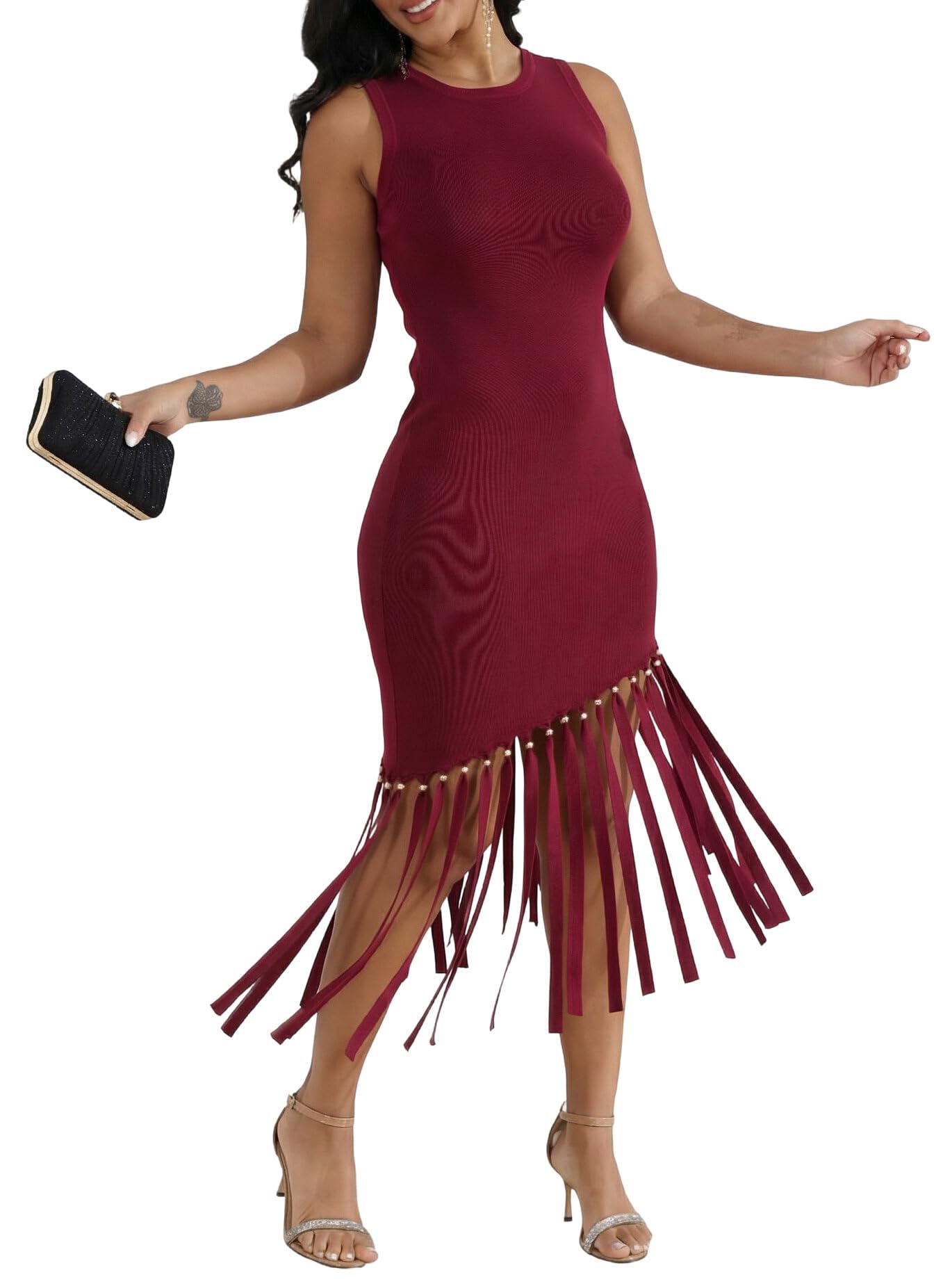 Ryehack Women’s Sexy Bodycon Midi Dress Elegant Sleeveless Asymmetrical Fringe Cocktail Prom Party Dress with Metal Bead