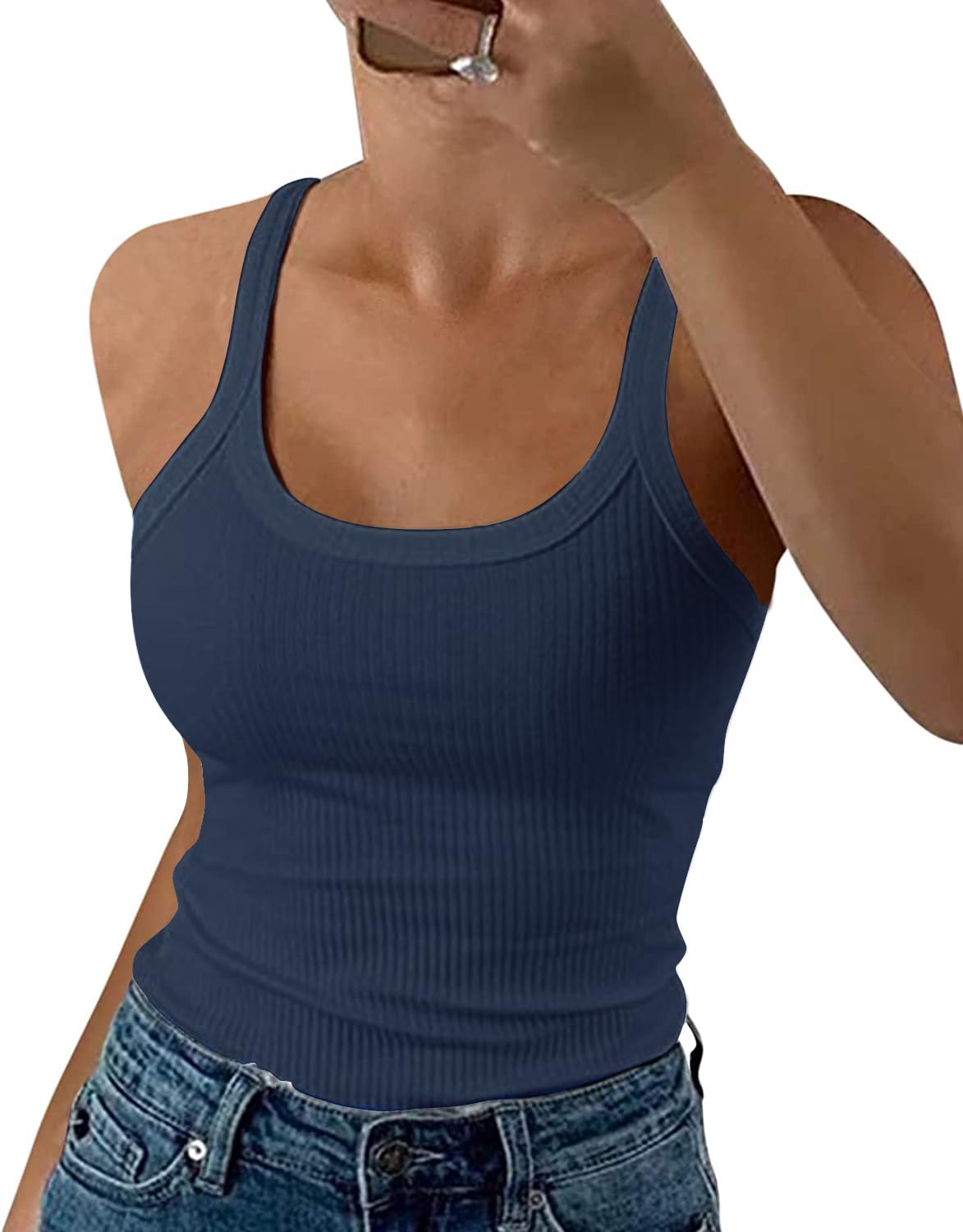GEMBERA Women Spaghetti Strap Scoop Neck Ribbed Tank Tops Slim Fitted Cotton Camisole Basic Sleeveless Layering Shirts