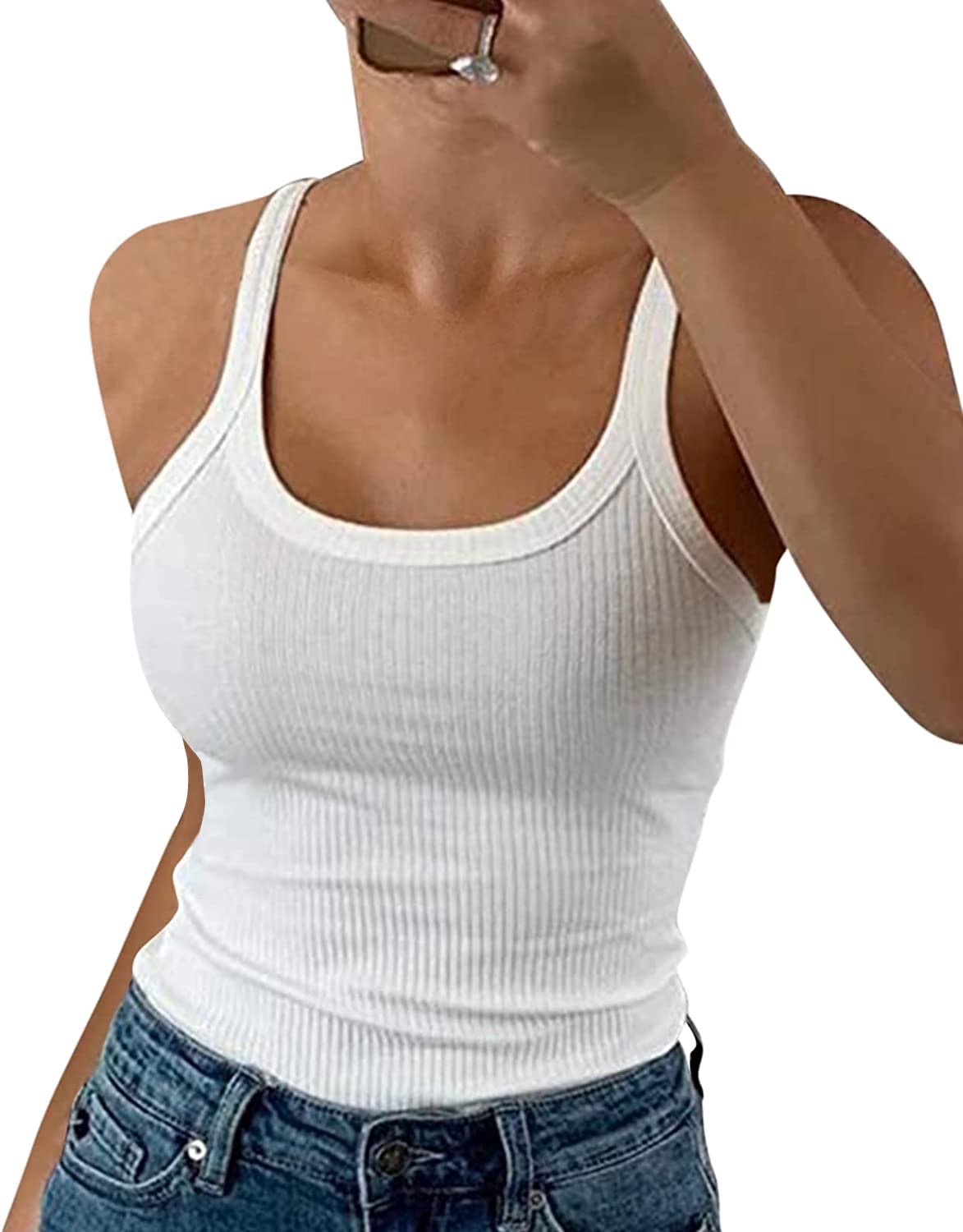 GEMBERA Women Spaghetti Strap Scoop Neck Ribbed Tank Tops Slim Fitted Cotton Camisole Basic Sleeveless Layering Shirts