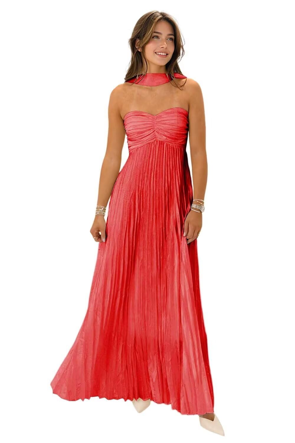 Women's Strapless Chiffon Bridesmaid Dresses with Scarf Long A-Line Pleated Formal Evening Dress WA096