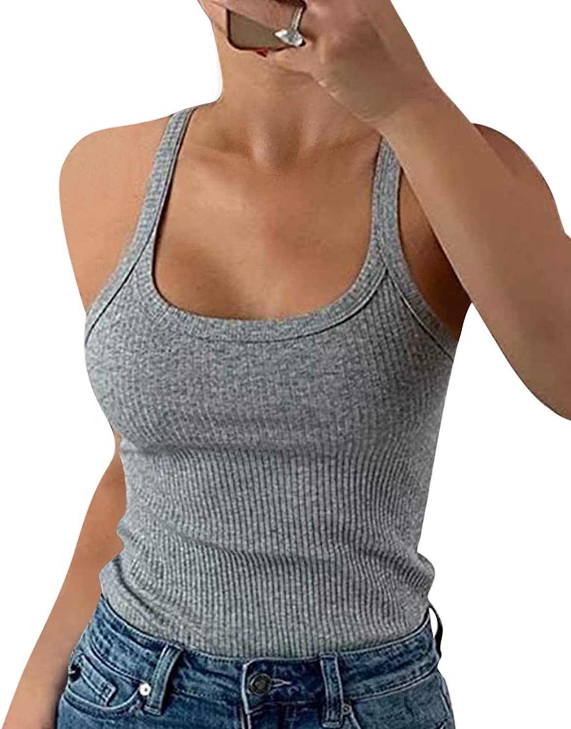 GEMBERA Women Spaghetti Strap Scoop Neck Ribbed Tank Tops Slim Fitted Cotton Camisole Basic Sleeveless Layering Shirts