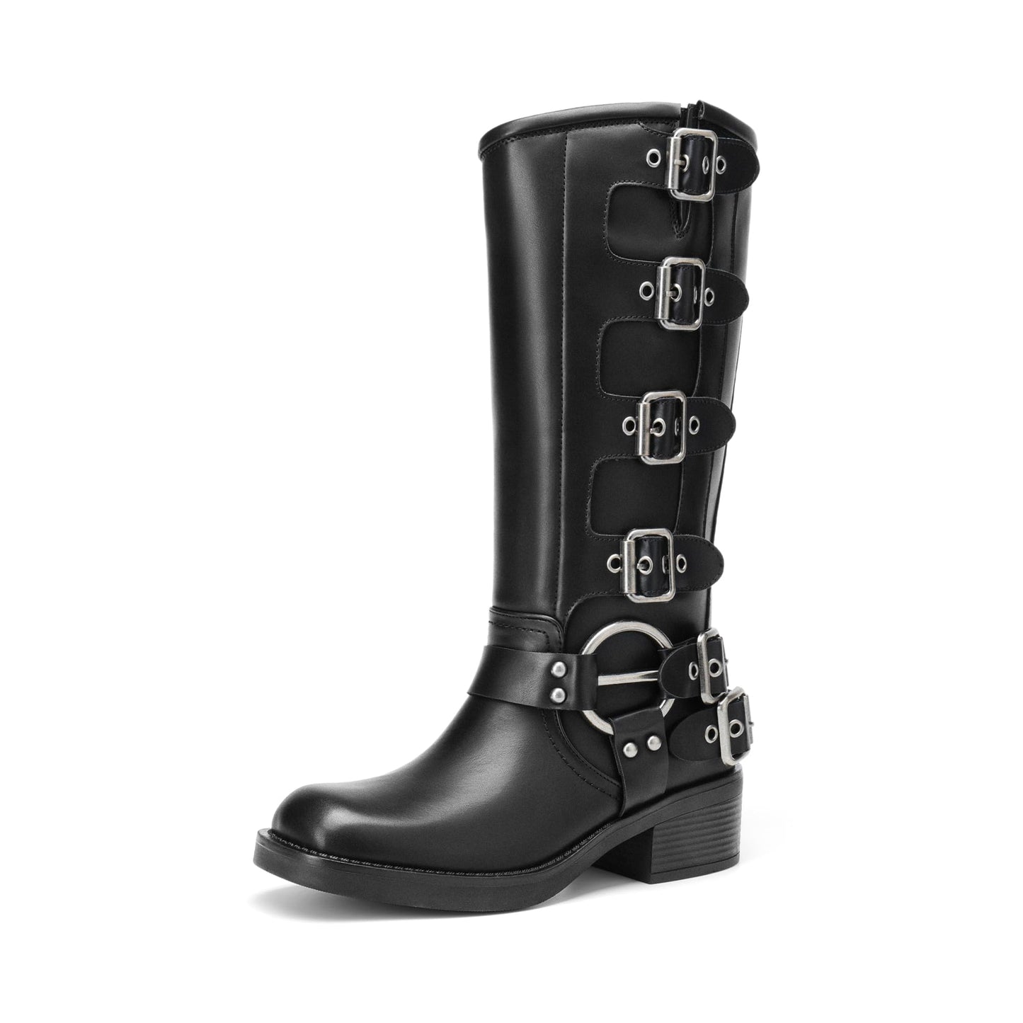 DREAM PAIRS Women's Knee High Riding Boots Side Zipper Motorcycle Boots Square Toe Chunky Heel Fashion Buckles Biker Boots