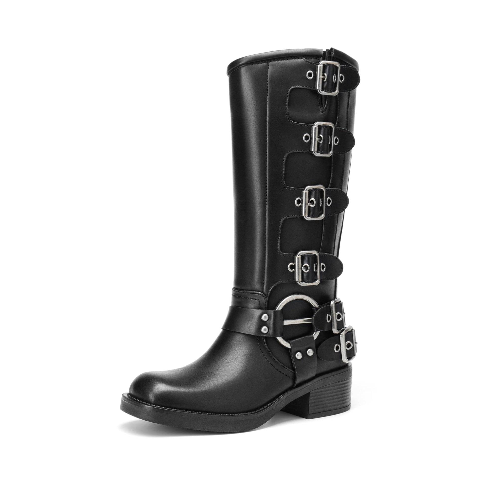 DREAM PAIRS Women's Knee High Riding Boots Side Zipper Motorcycle Boots Square Toe Chunky Heel Fashion Buckles Biker Boots