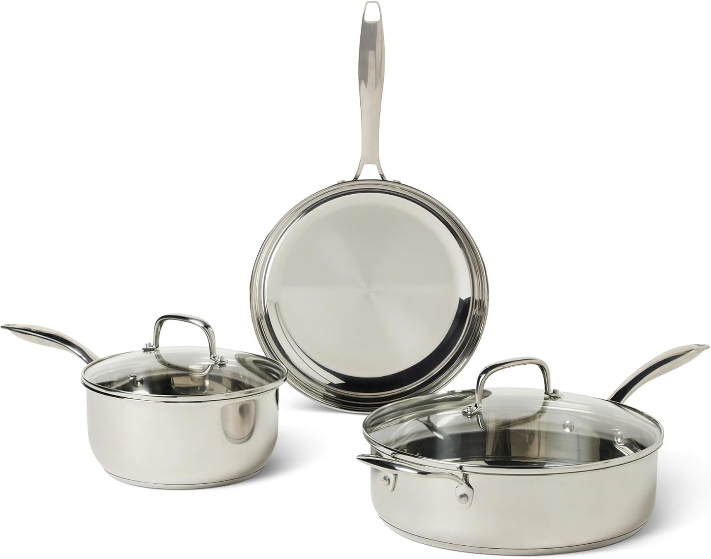 Amazon Basics Stainless Steel Cookware Set, 5-Piece, All Cooktop Friendly, Dishwasher-Safe, Induction Compatible