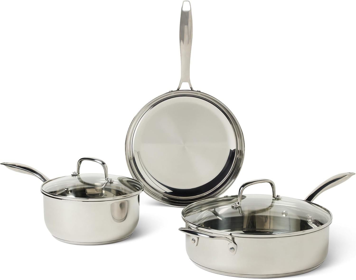 Amazon Basics Stainless Steel Cookware Set, 5-Piece, All Cooktop Friendly, Dishwasher-Safe, Induction Compatible