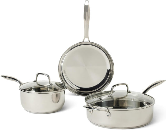 Amazon Basics Stainless Steel Cookware Set, 5-Piece, All Cooktop Friendly, Dishwasher-Safe, Induction Compatible