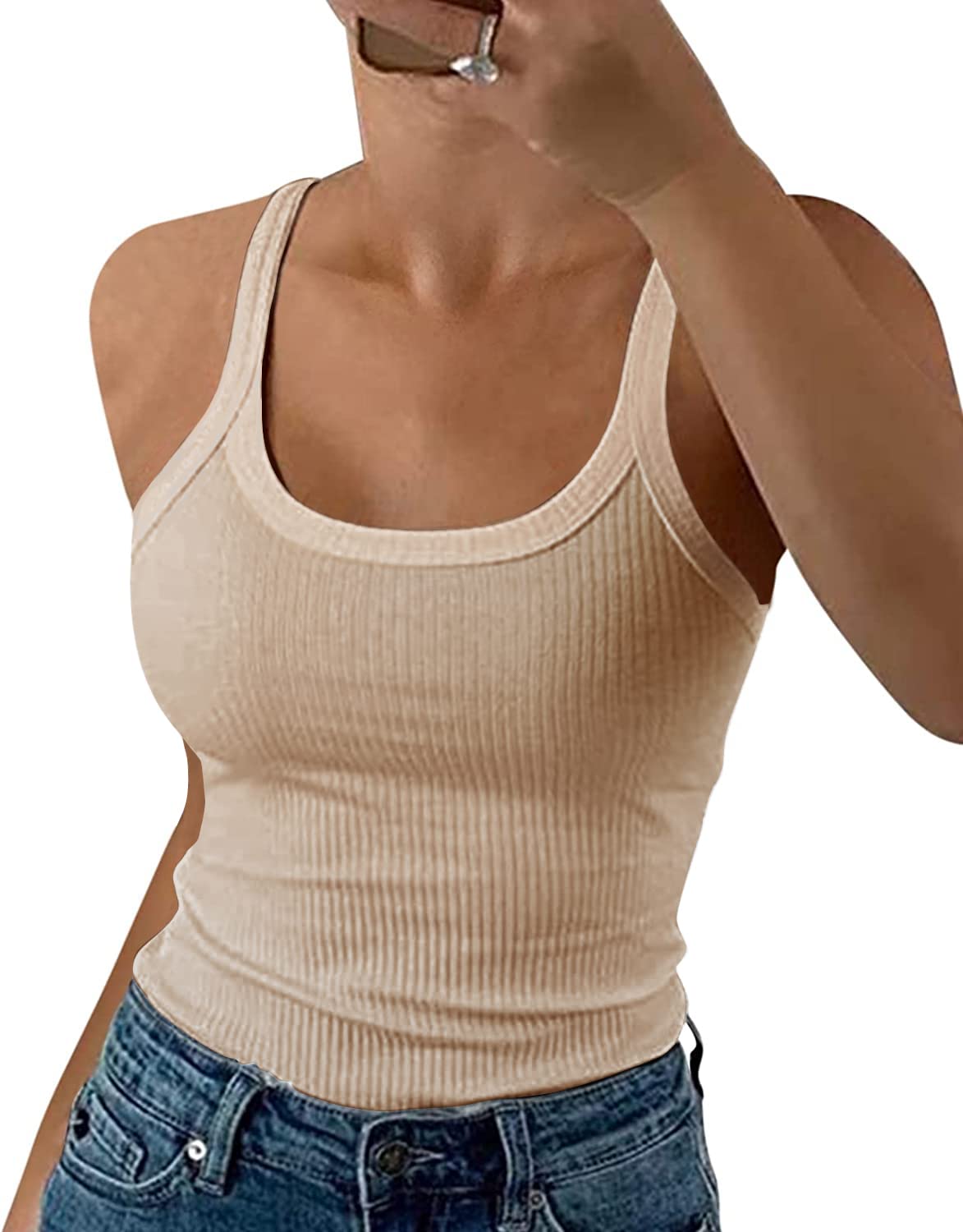 GEMBERA Women Spaghetti Strap Scoop Neck Ribbed Tank Tops Slim Fitted Cotton Camisole Basic Sleeveless Layering Shirts