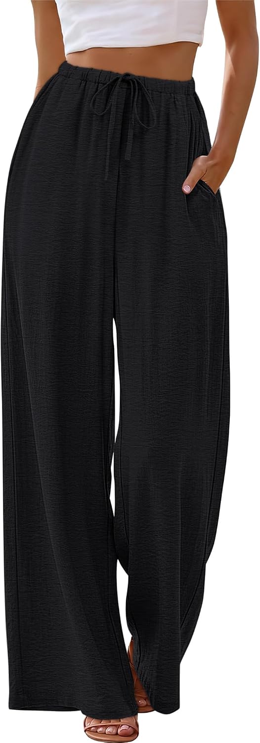 Sampeel Wide Leg Pants for Women Flowy Palazzo Drawstring Elastic Waist Trousers with Pockets Summer Beach Vacation Clothes