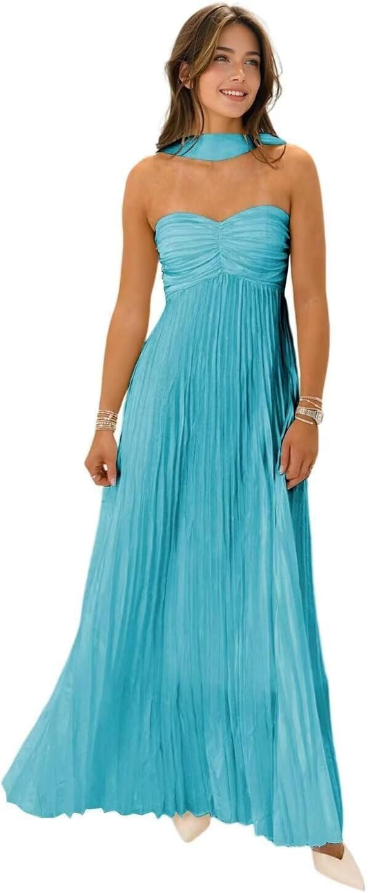Women's Strapless Chiffon Bridesmaid Dresses with Scarf Long A-Line Pleated Formal Evening Dress WA096