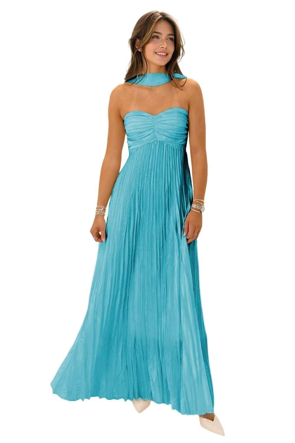 Women's Strapless Chiffon Bridesmaid Dresses with Scarf Long A-Line Pleated Formal Evening Dress WA096