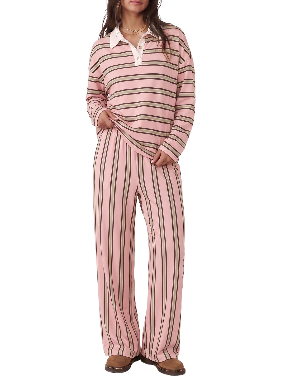Tankaneo Womens Striped 2 Piece Lounge Sets Long Sleeve Pants Sets