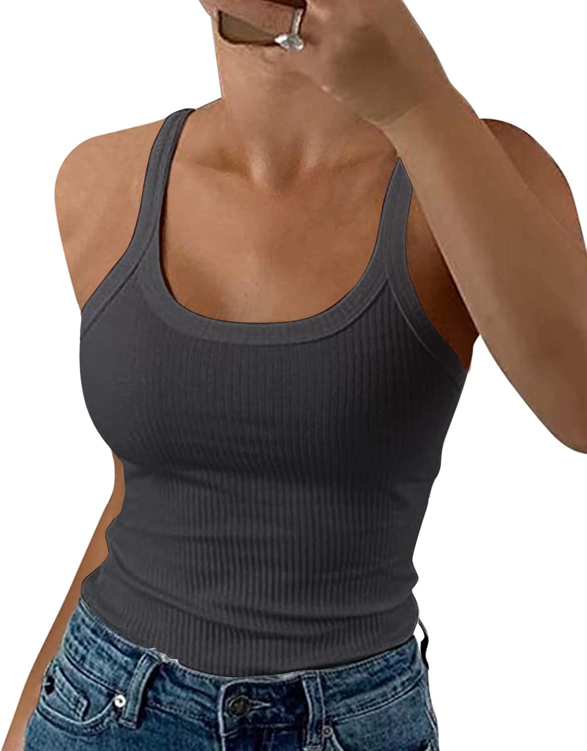 GEMBERA Women Spaghetti Strap Scoop Neck Ribbed Tank Tops Slim Fitted Cotton Camisole Basic Sleeveless Layering Shirts