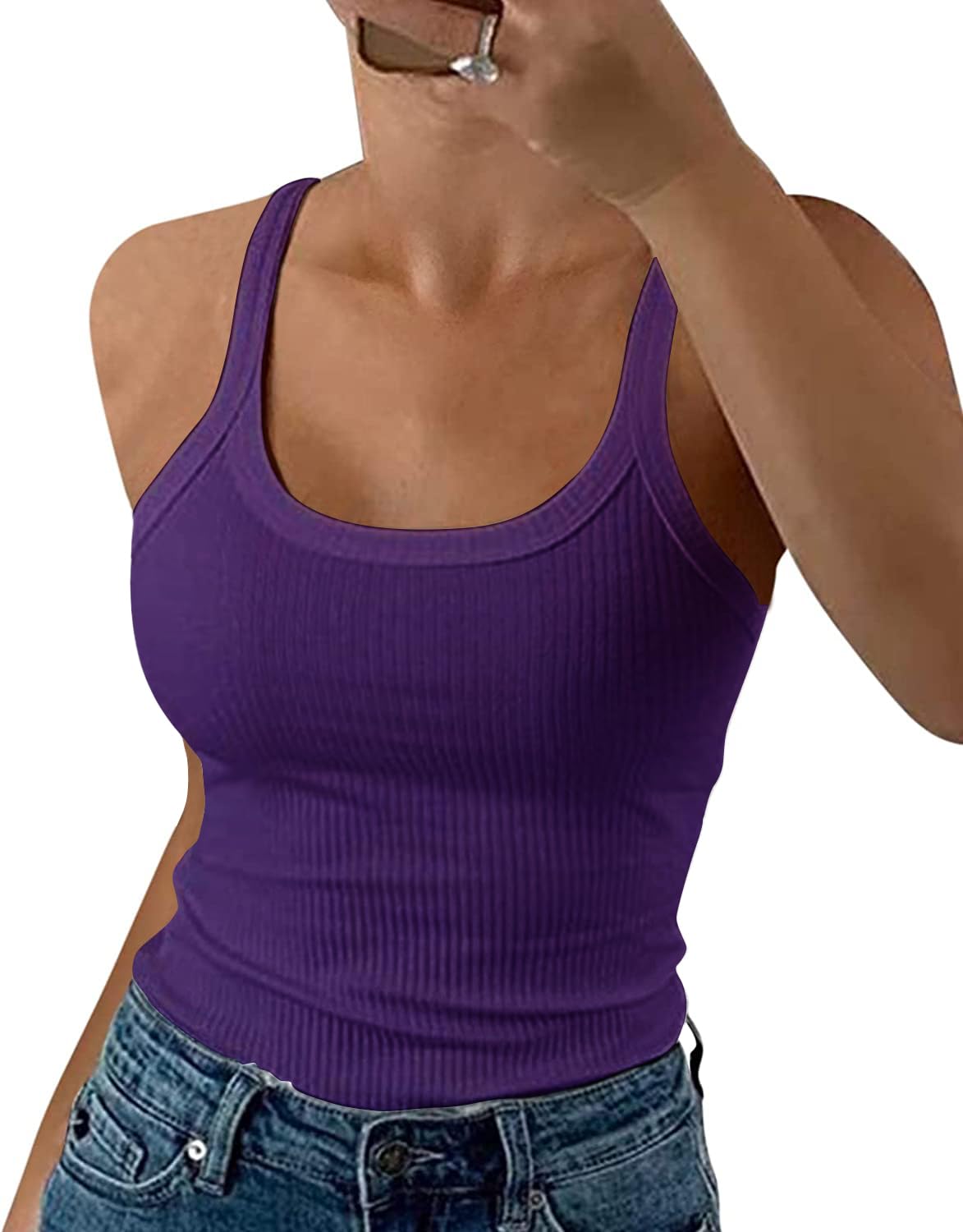 GEMBERA Women Spaghetti Strap Scoop Neck Ribbed Tank Tops Slim Fitted Cotton Camisole Basic Sleeveless Layering Shirts