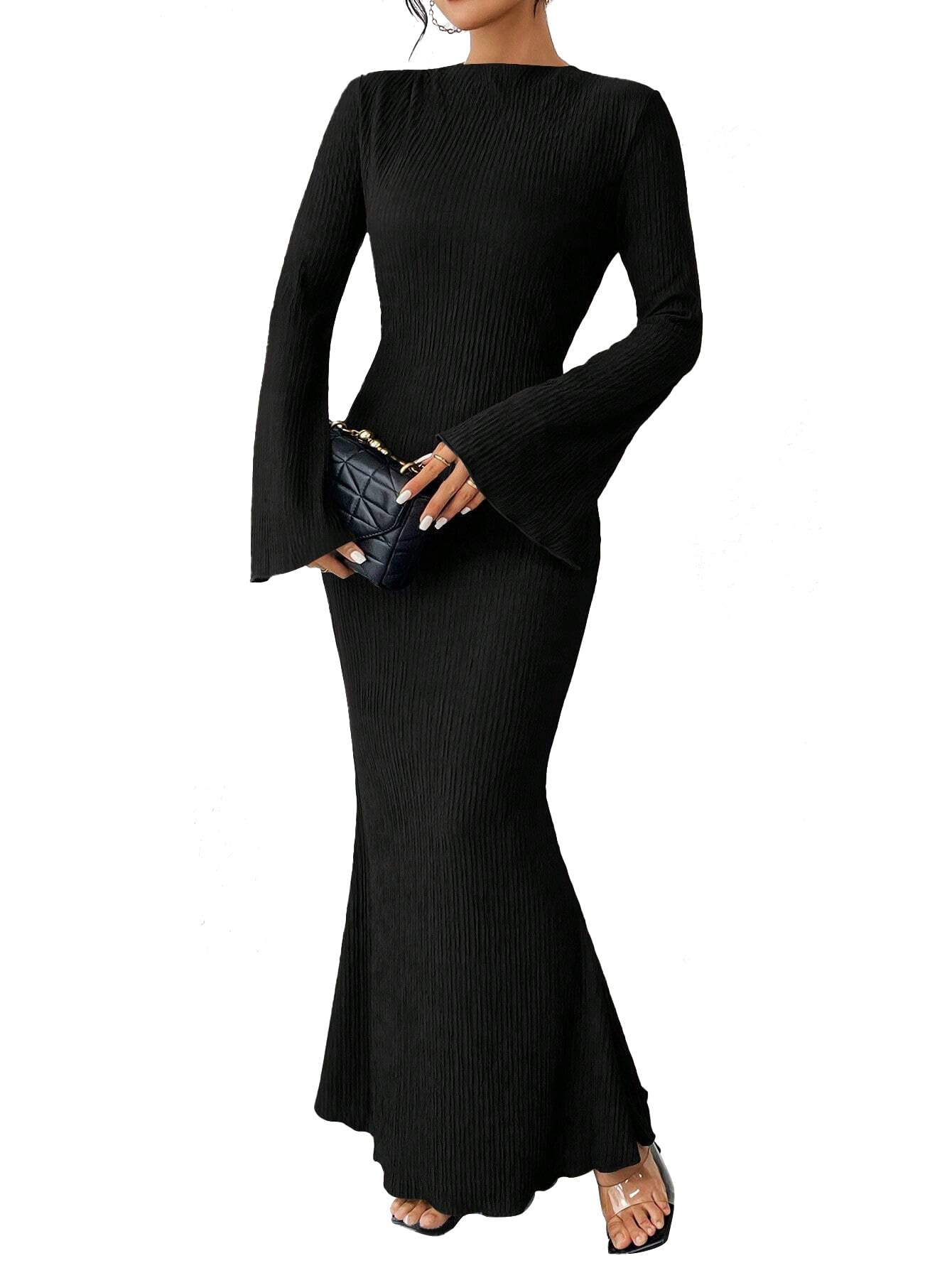 Narecte Fall Dresses for Women 2025 Maxi Dresses Solid Color Boho Dress Flare Sleeve Bodycon Dress