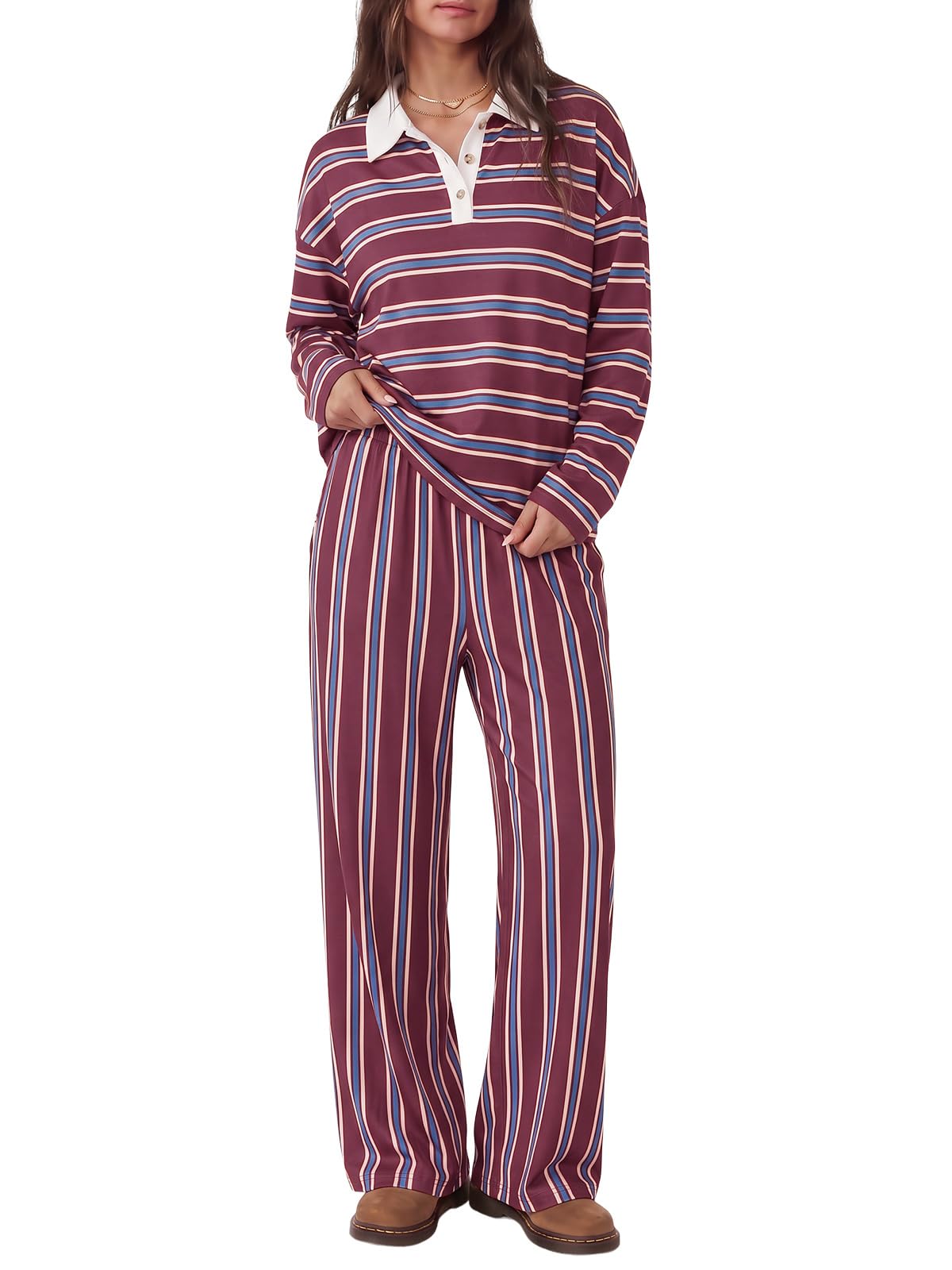 Tankaneo Womens Striped 2 Piece Lounge Sets Long Sleeve Pants Sets