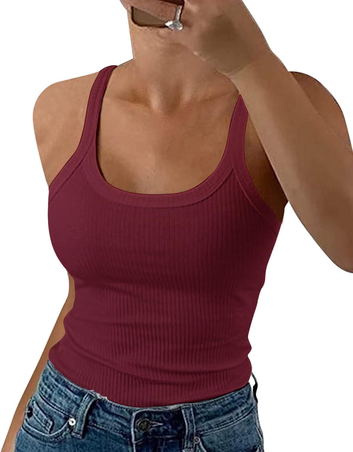 GEMBERA Women Spaghetti Strap Scoop Neck Ribbed Tank Tops Slim Fitted Cotton Camisole Basic Sleeveless Layering Shirts