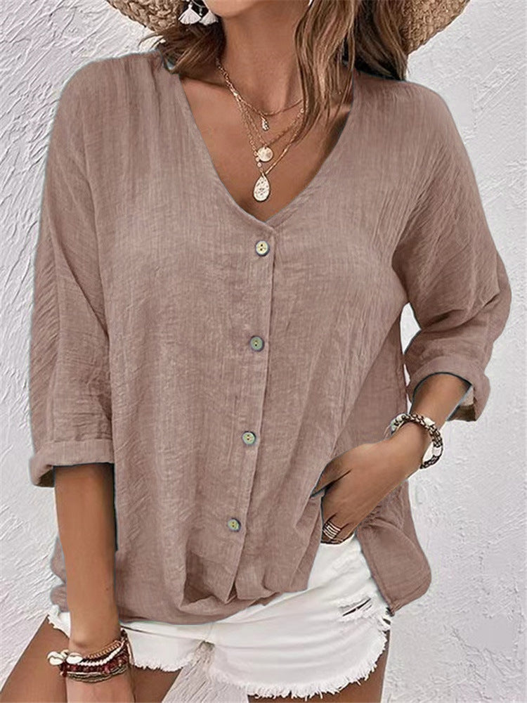 V-neck Long-sleeved T-shirt Fashion Solid Color Button Top