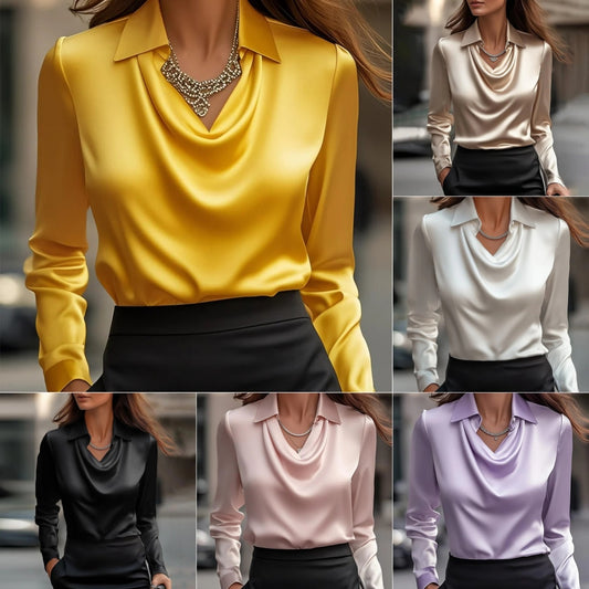 Women's Swing Collar Draped Shirts & Blouses Elegant Solid Satin Office Ladies Top