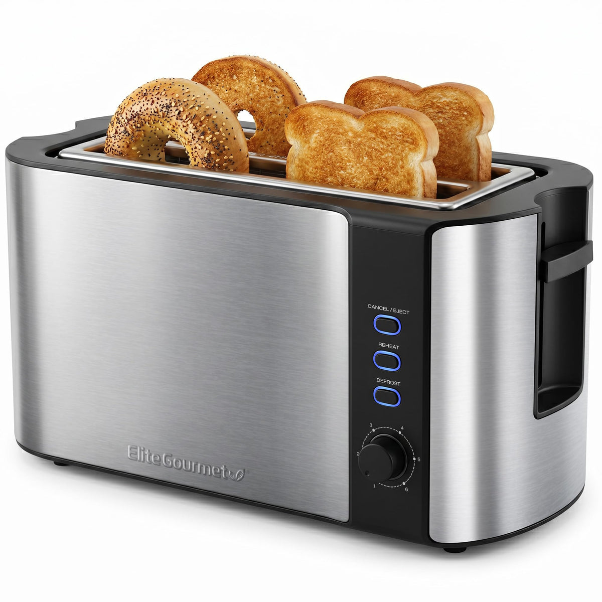 Elite Gourmet ECT4829B Maxi-Matic 4 Slice Long Slot Toaster 6 Toast Settings, Defrost, Reheat, Cancel Functions, Extra Wide 1.5"" Slots for Bagels Waffles, Slide Out Crumb Tray", black
