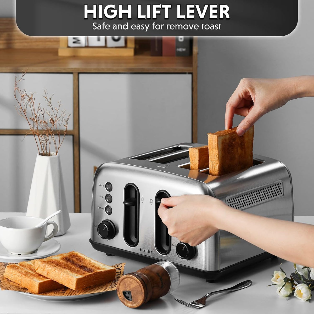 BUYDEEM DT440 4-Slice Toaster, 6 Shade Settings, 1.5" Wide Slots, Silver