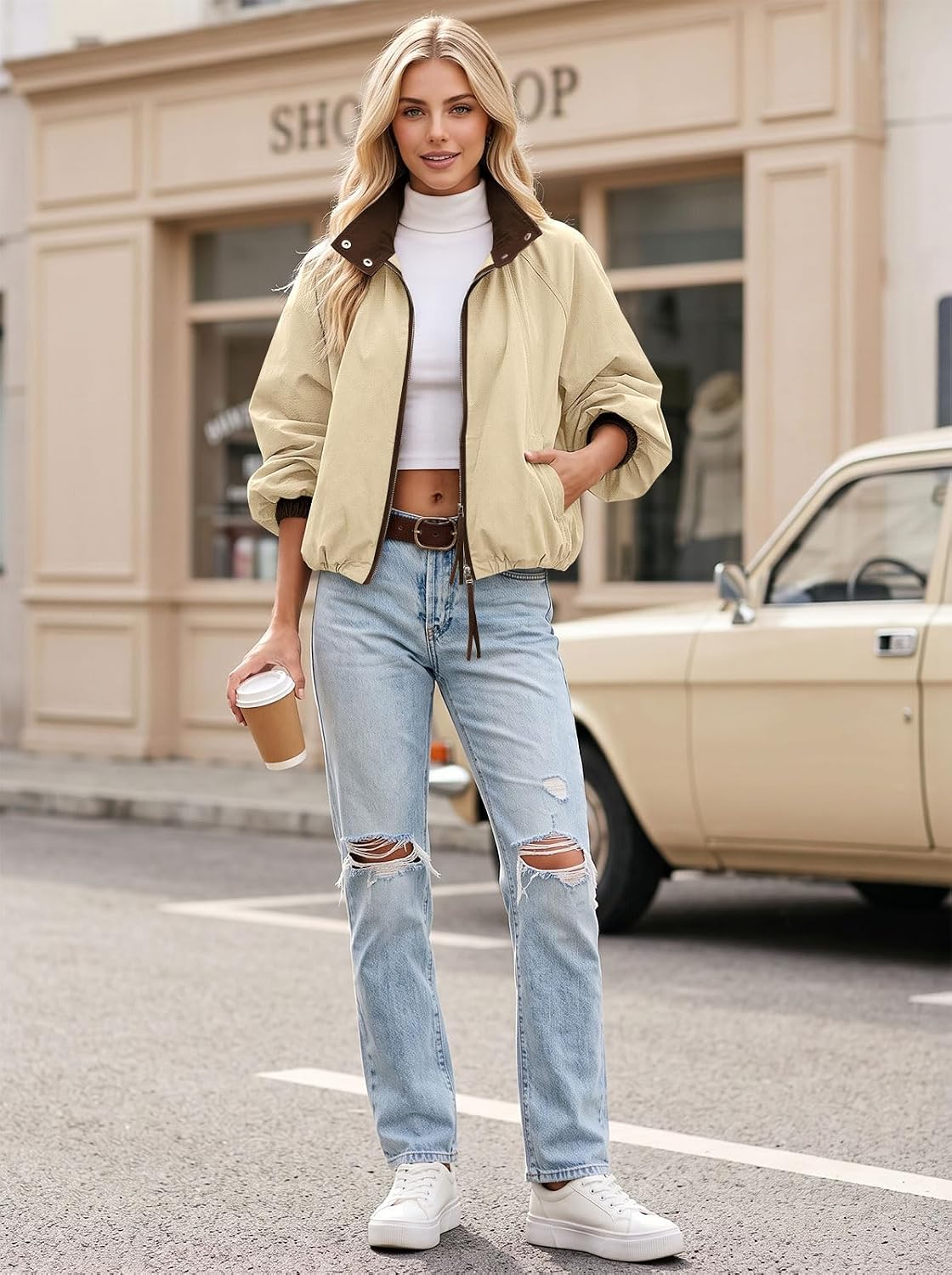 Womens Bomber Jacket Puffed Collar Trench Coat Funnel Neck Cropped Jackets