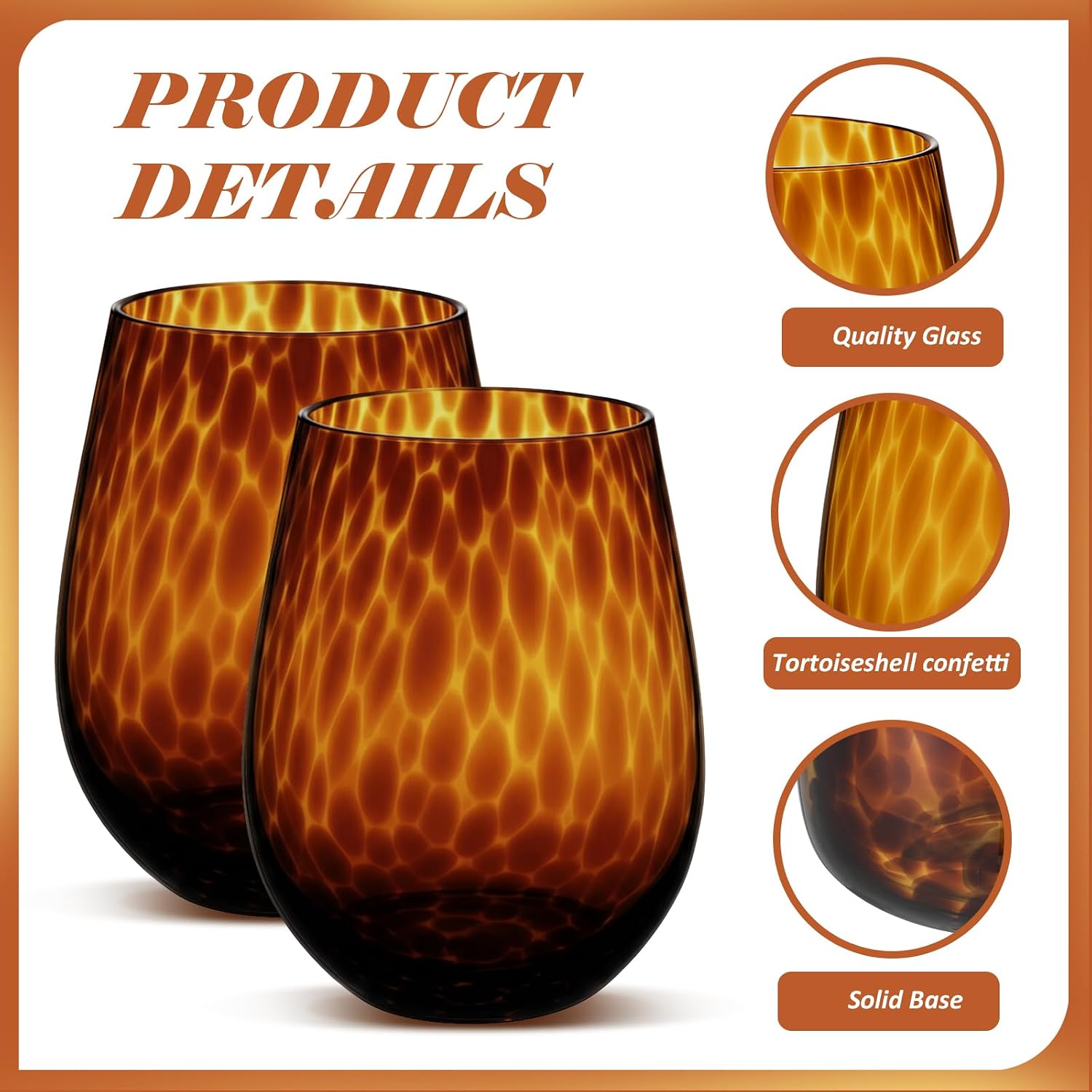 Honeydak Set of 4 Tortoise Leopard Print Brown 16oz Rocks Glasses Stylish Stemless Cocktail Cups Glass Glassware Tumbler Ideal for Gin, Tequila, Vodka, Soft Drinks