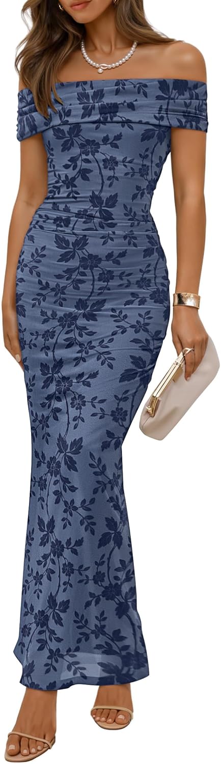 ZESICA Women's Summer Off Shoulder Floral Bodycon Maxi Dress 2026 Ruched Elegant Formal Cocktail Wedding Guest Long Dresses