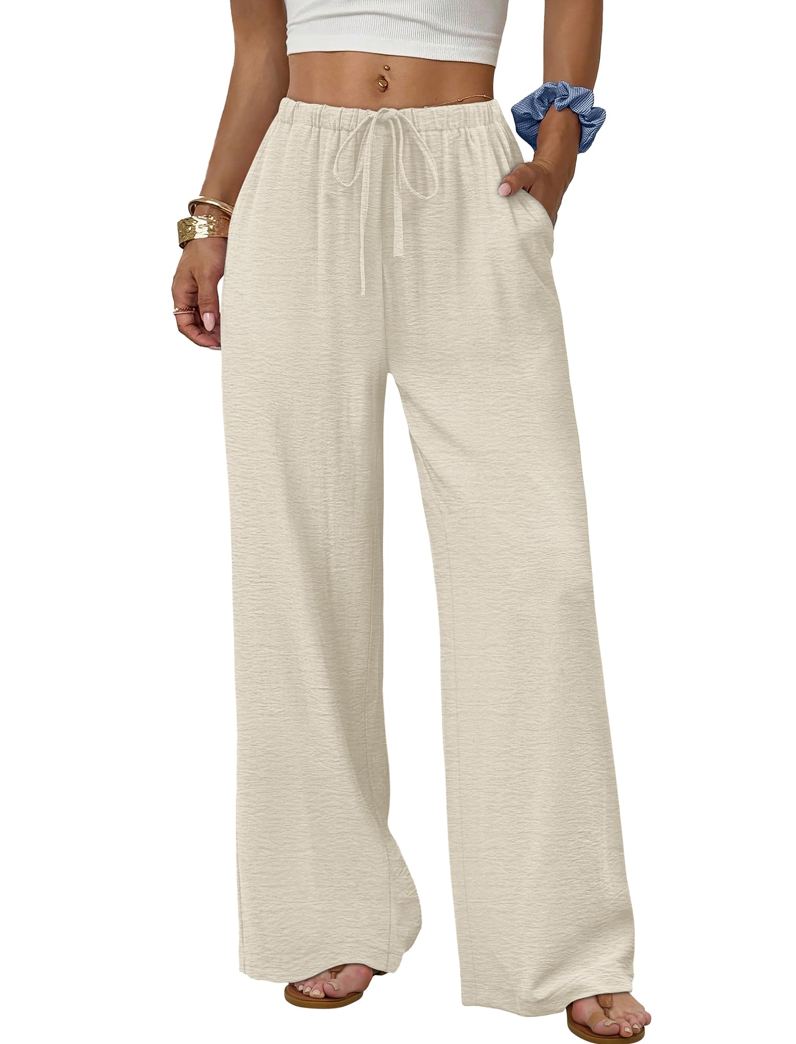 Sampeel Wide Leg Pants for Women Flowy Palazzo Drawstring Elastic Waist Trousers with Pockets Summer Beach Vacation Clothes