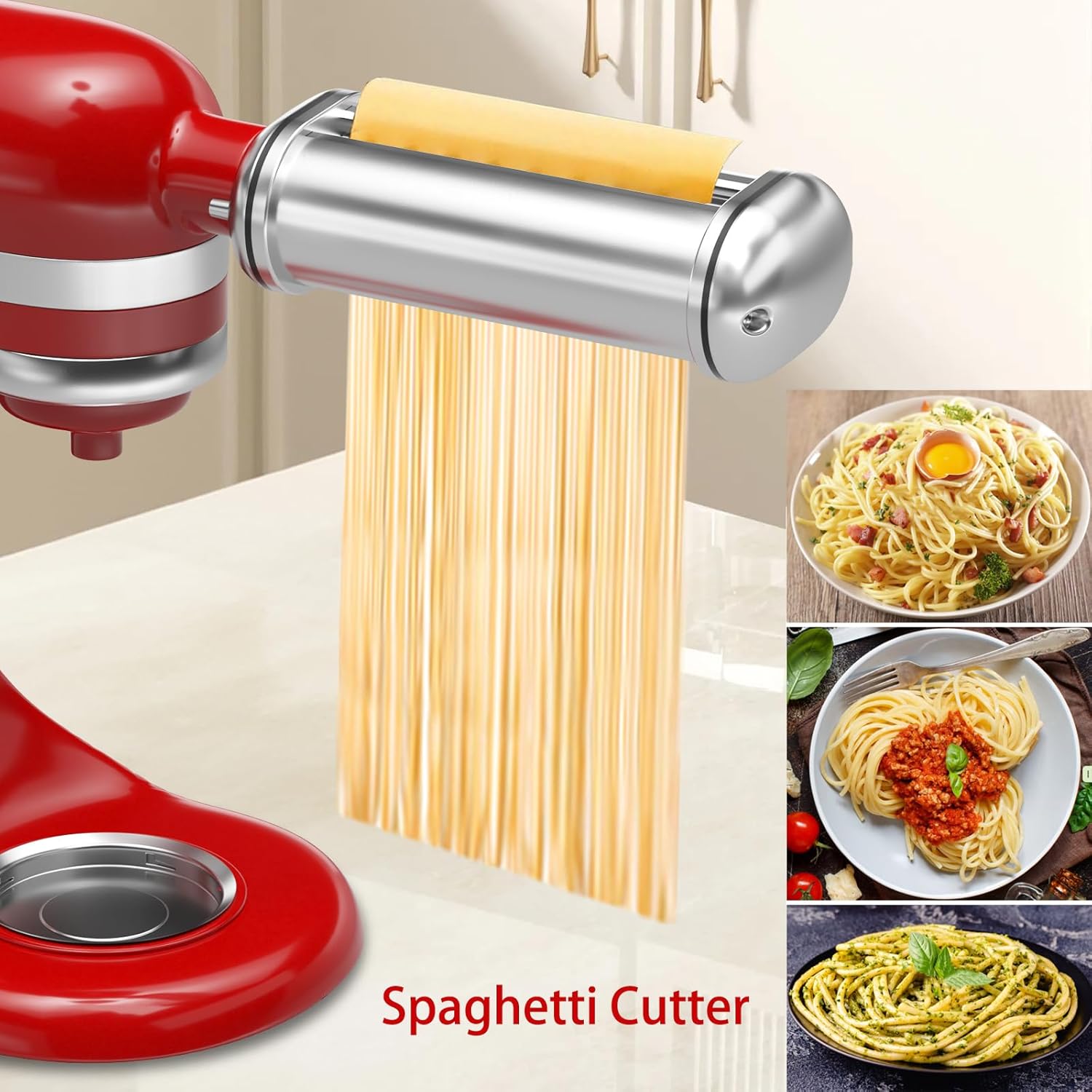 Pasta Maker Attachments for Kitchenaid Mixers, 3-Pieces Pasta Accessories Included Stainless Steel Dough Sheet Roller, Fettuccine Cutter, Spaghetti Cutter and Cleaning Brush