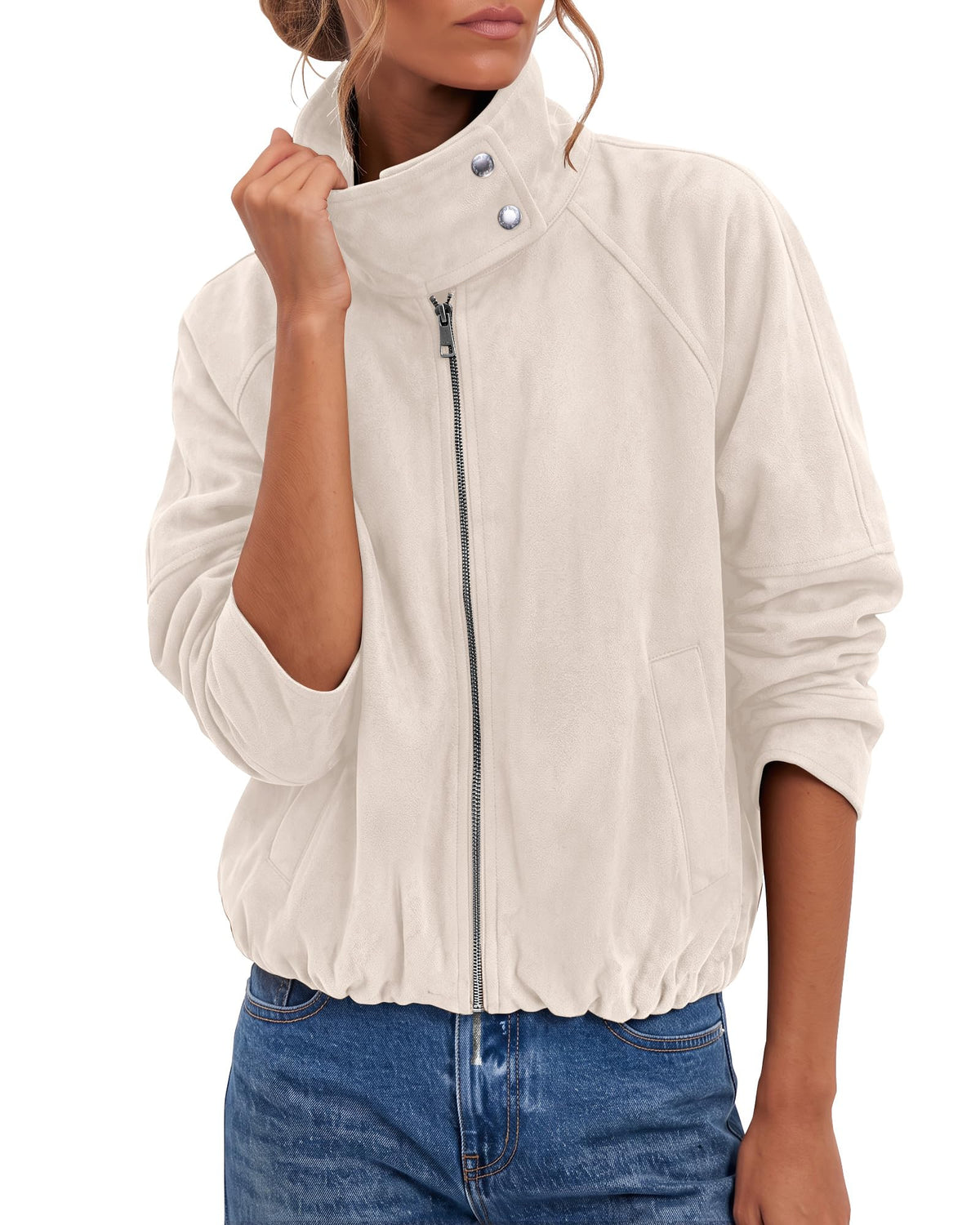 luvamia Faux Suede Jackets Women Oversized Cropped Funnel Neck Zip Up Coats