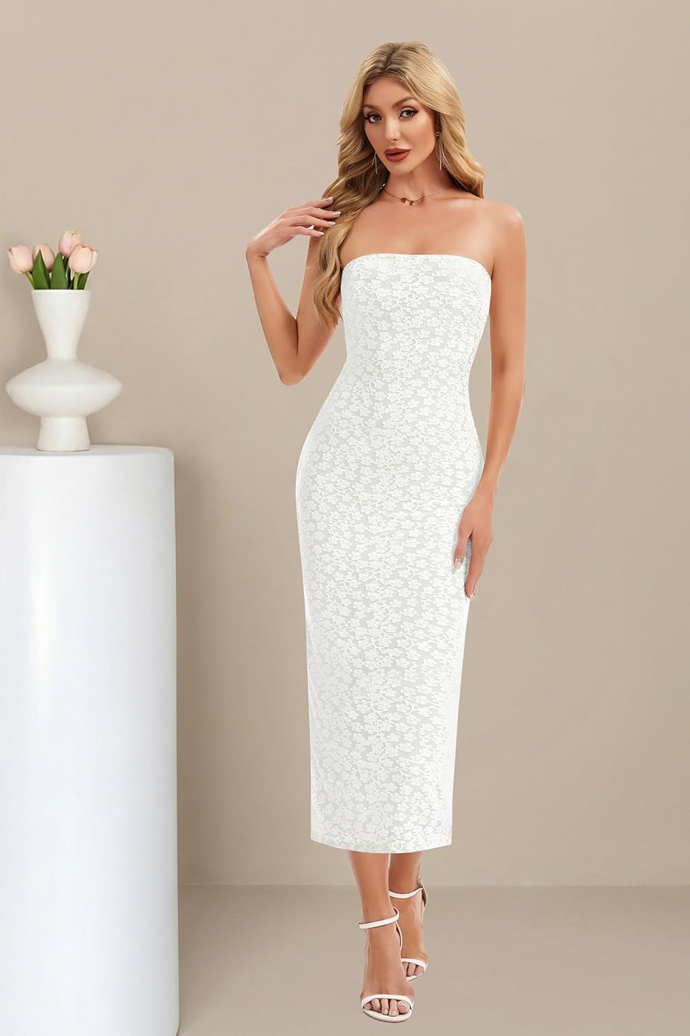 Women's Jacquard Floral Strapless Bodycon Midi Dress Off Shoulder Tube Beach Wedding Guest Bridal Dresses