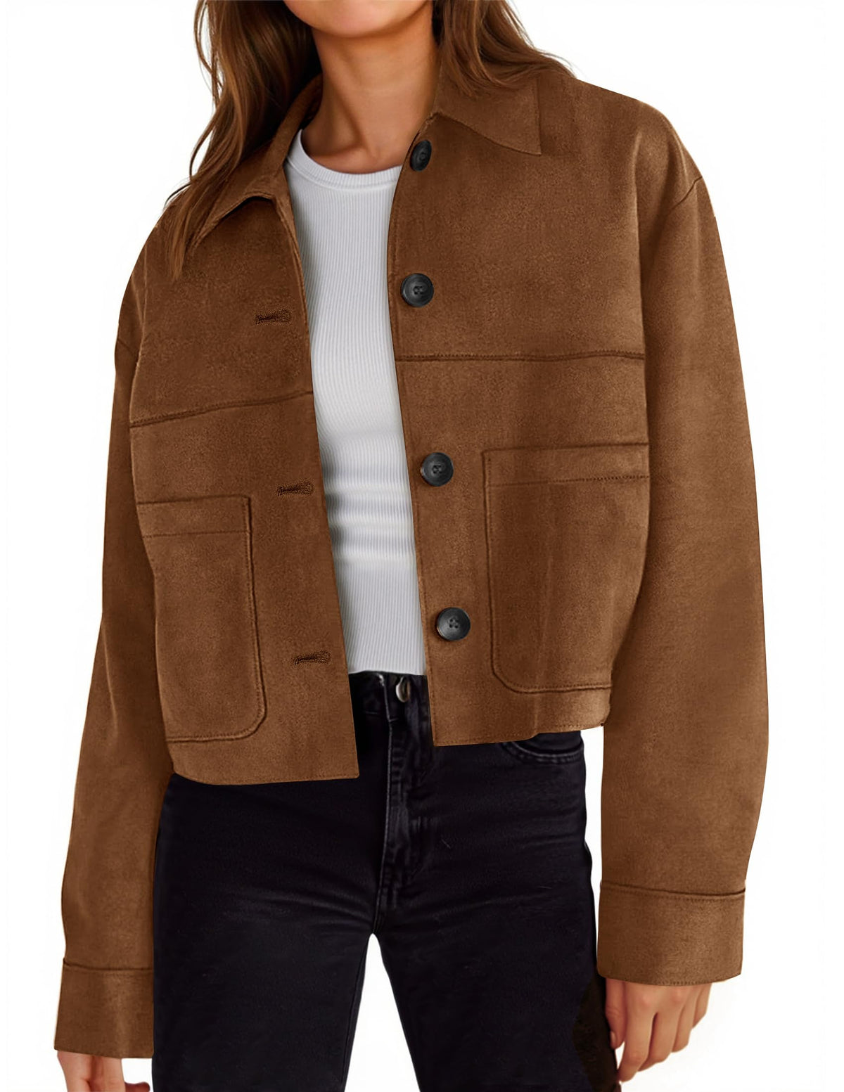 Tankaneo Womens Cropped Faux Suede Leather Jackets Lapel Collar Shackets