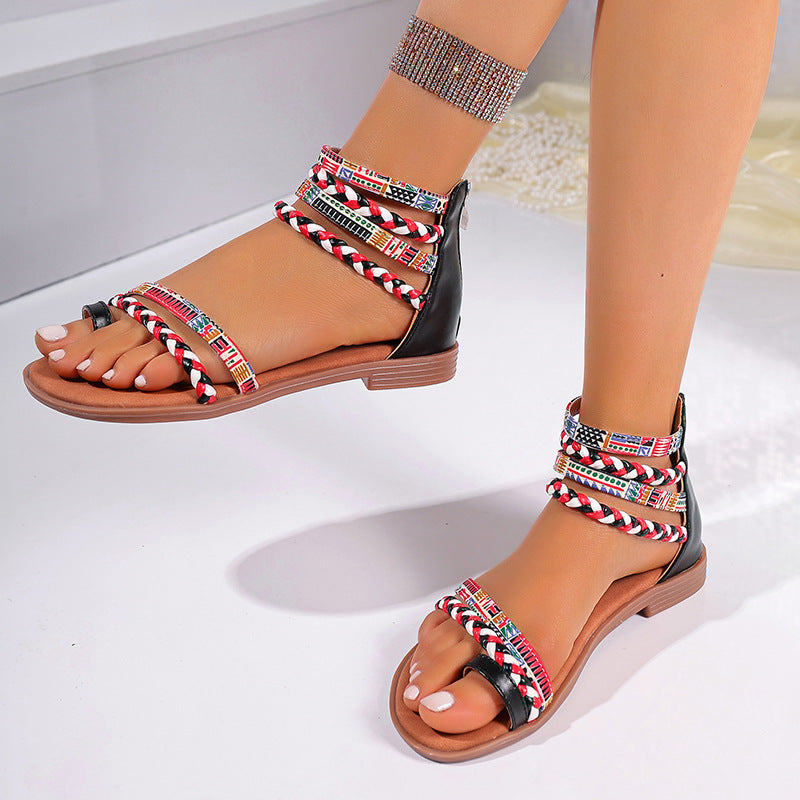 Ethnic Style Flat Sandals Summer Clip Toe Colorful Weave-straped Shoes