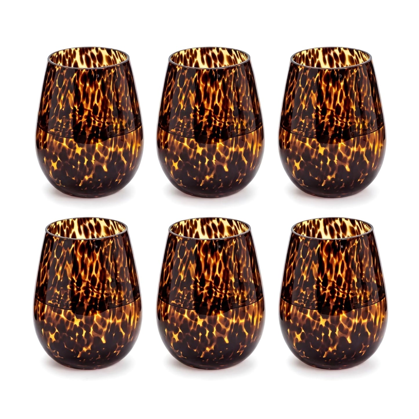 Honeydak Set of 4 Tortoise Leopard Print Brown 16oz Rocks Glasses Stylish Stemless Cocktail Cups Glass Glassware Tumbler Ideal for Gin, Tequila, Vodka, Soft Drinks