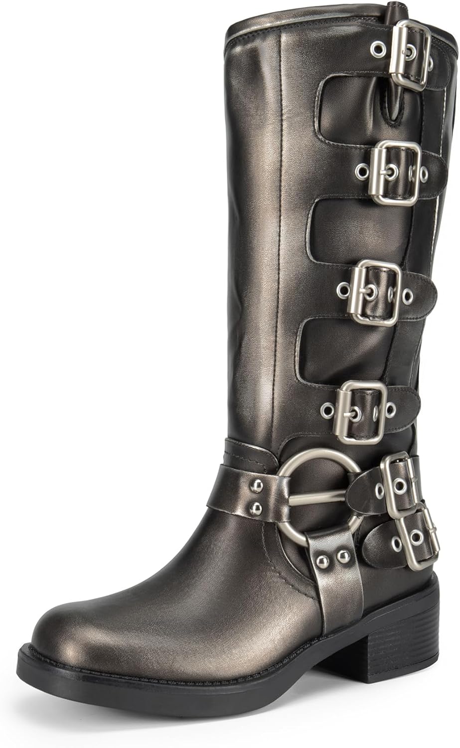 DREAM PAIRS Women's Knee High Riding Boots Side Zipper Motorcycle Boots Square Toe Chunky Heel Fashion Buckles Biker Boots