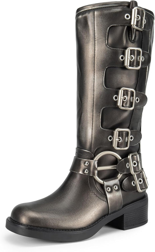 DREAM PAIRS Women's Knee High Riding Boots Side Zipper Motorcycle Boots Square Toe Chunky Heel Fashion Buckles Biker Boots