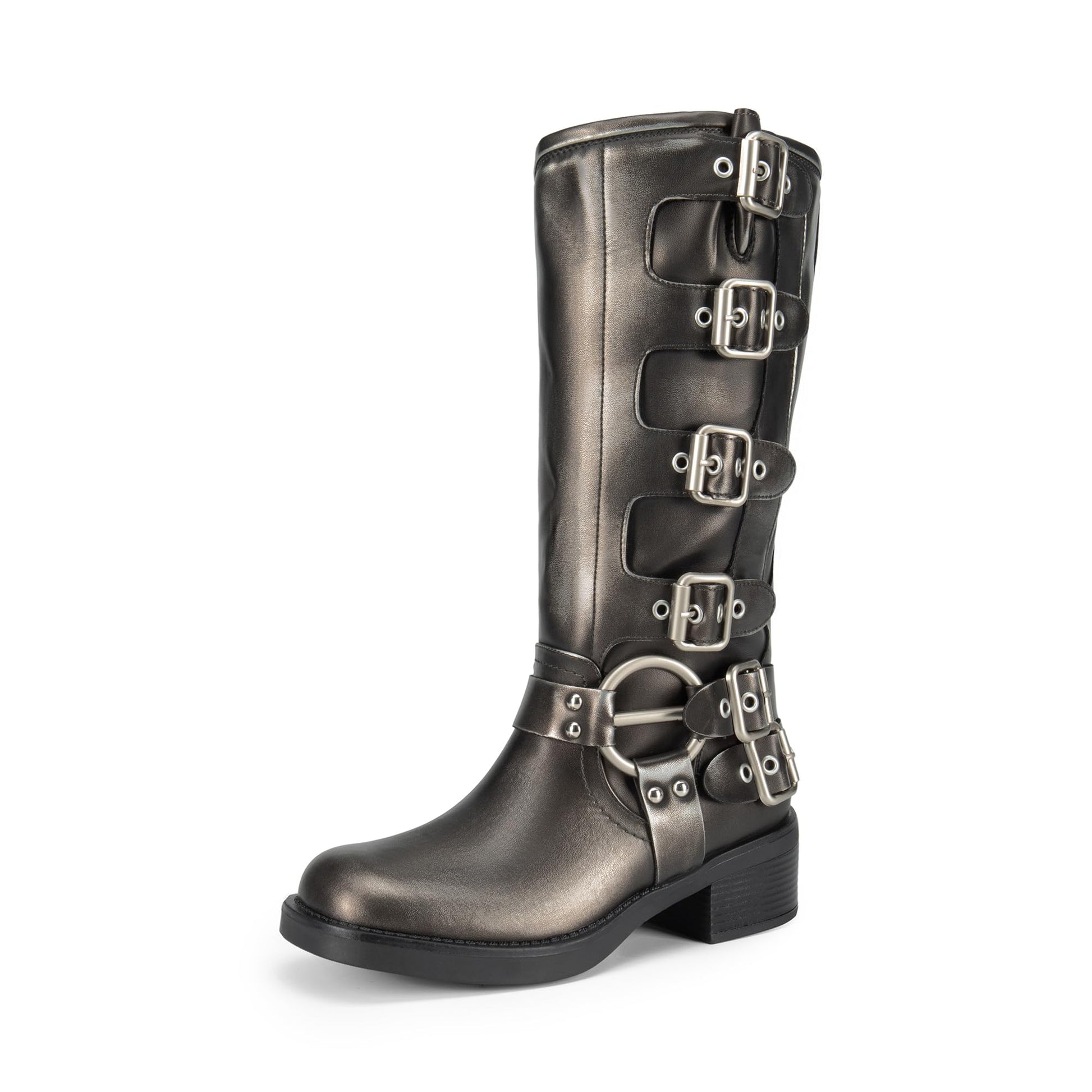 DREAM PAIRS Women's Knee High Riding Boots Side Zipper Motorcycle Boots Square Toe Chunky Heel Fashion Buckles Biker Boots