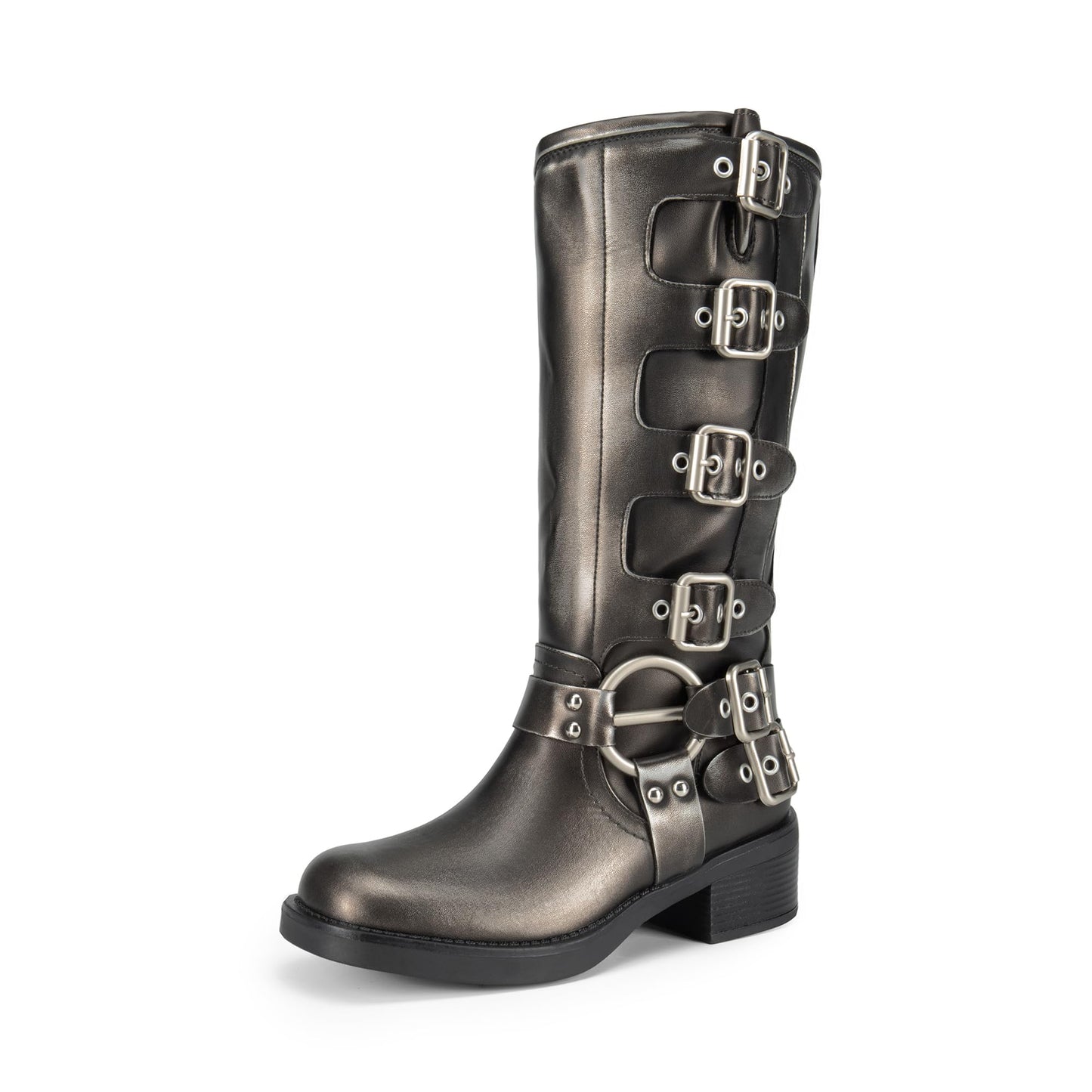 DREAM PAIRS Women's Knee High Riding Boots Side Zipper Motorcycle Boots Square Toe Chunky Heel Fashion Buckles Biker Boots