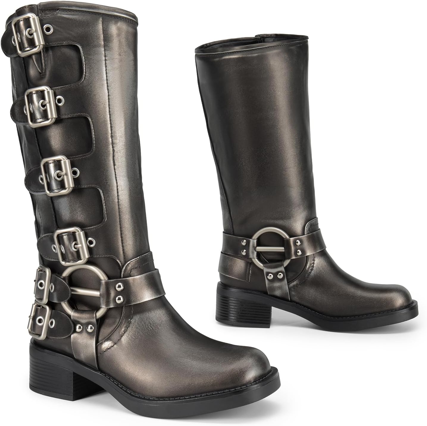 DREAM PAIRS Women's Knee High Riding Boots Side Zipper Motorcycle Boots Square Toe Chunky Heel Fashion Buckles Biker Boots