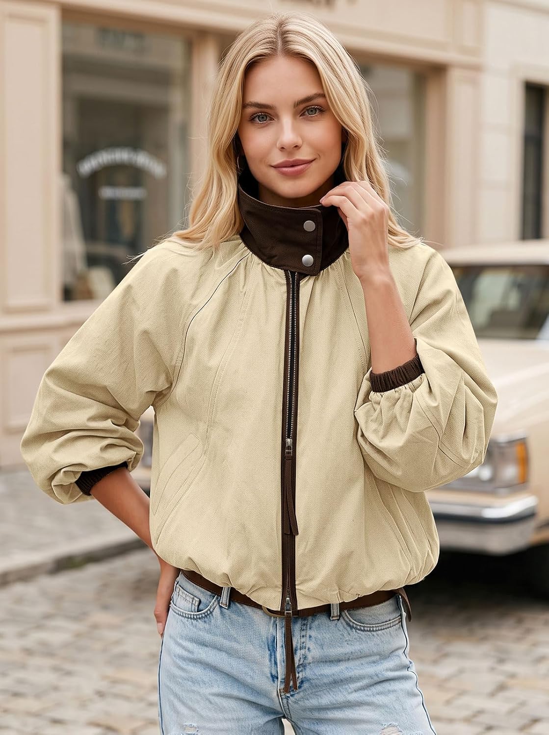 Womens Bomber Jacket Puffed Collar Trench Coat Funnel Neck Cropped Jackets