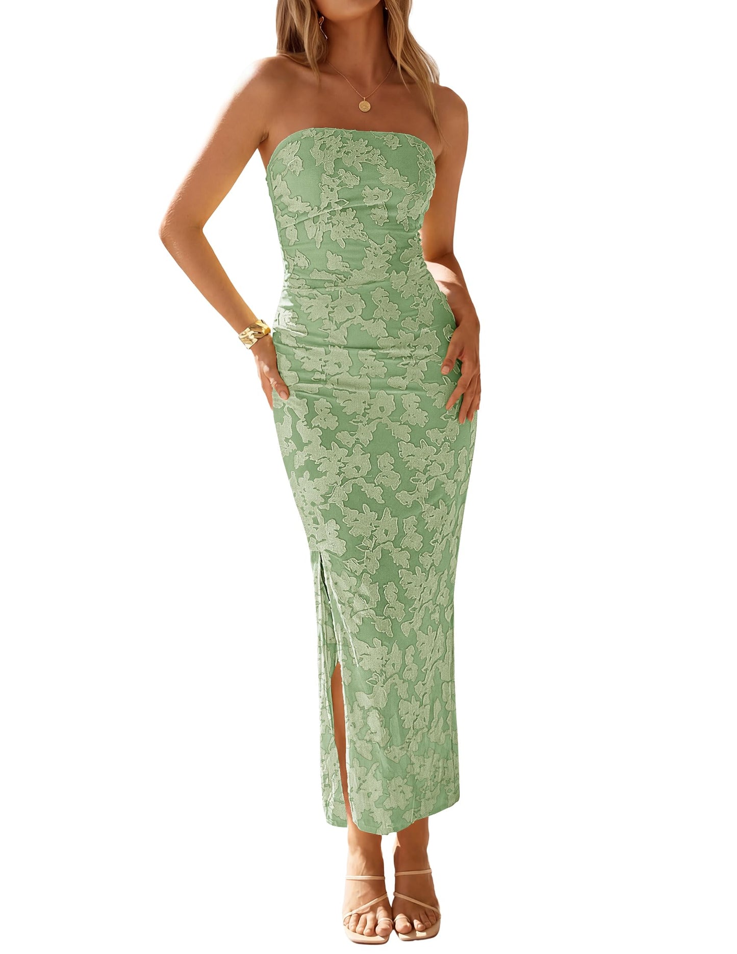 ZESICA Womens 2026 Summer Floral Strapless Maxi Dress Bodycon Side Slit Mesh Formal Cocktail Party Wedding Guest Long Dresses