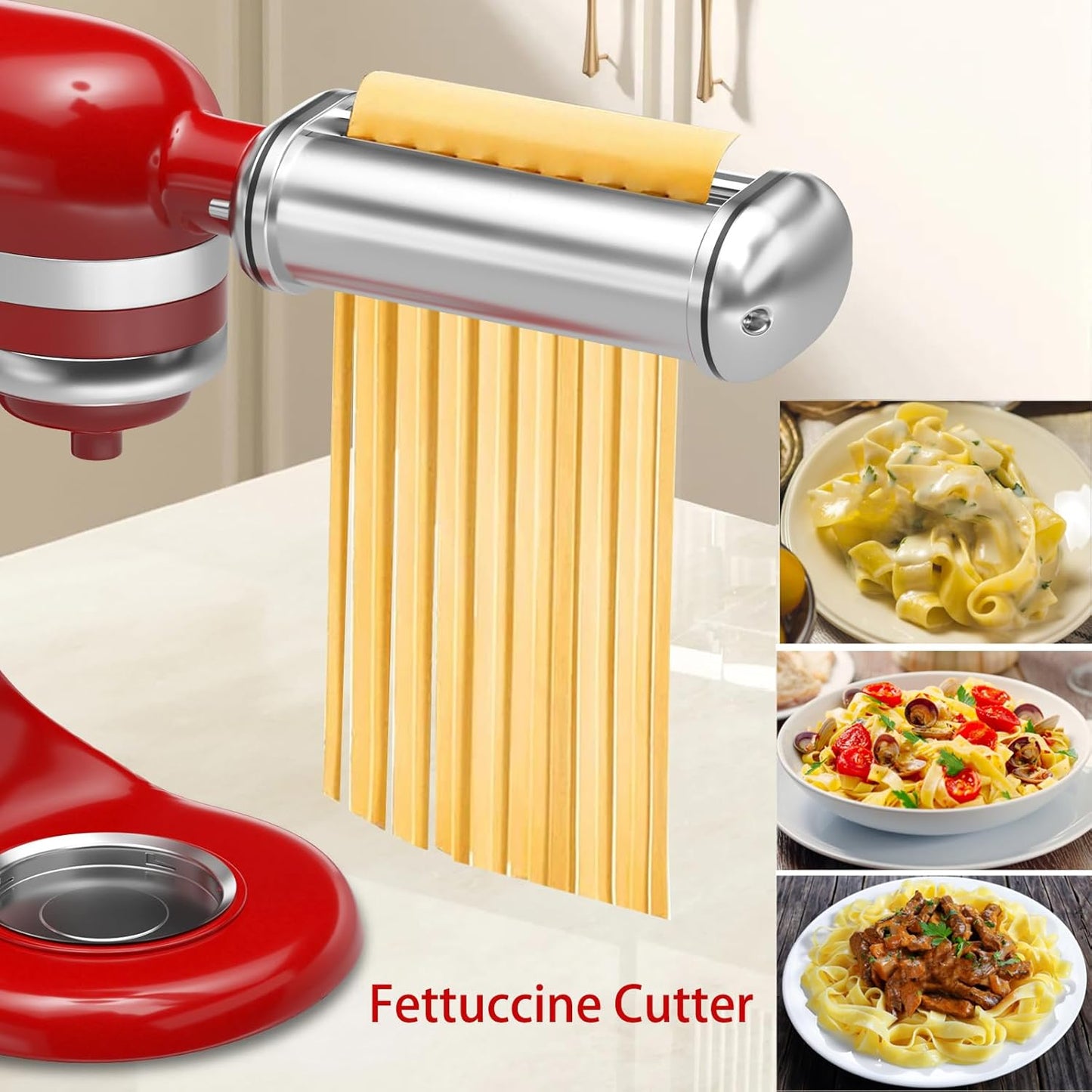 Pasta Maker Attachments for Kitchenaid Mixers, 3-Pieces Pasta Accessories Included Stainless Steel Dough Sheet Roller, Fettuccine Cutter, Spaghetti Cutter and Cleaning Brush