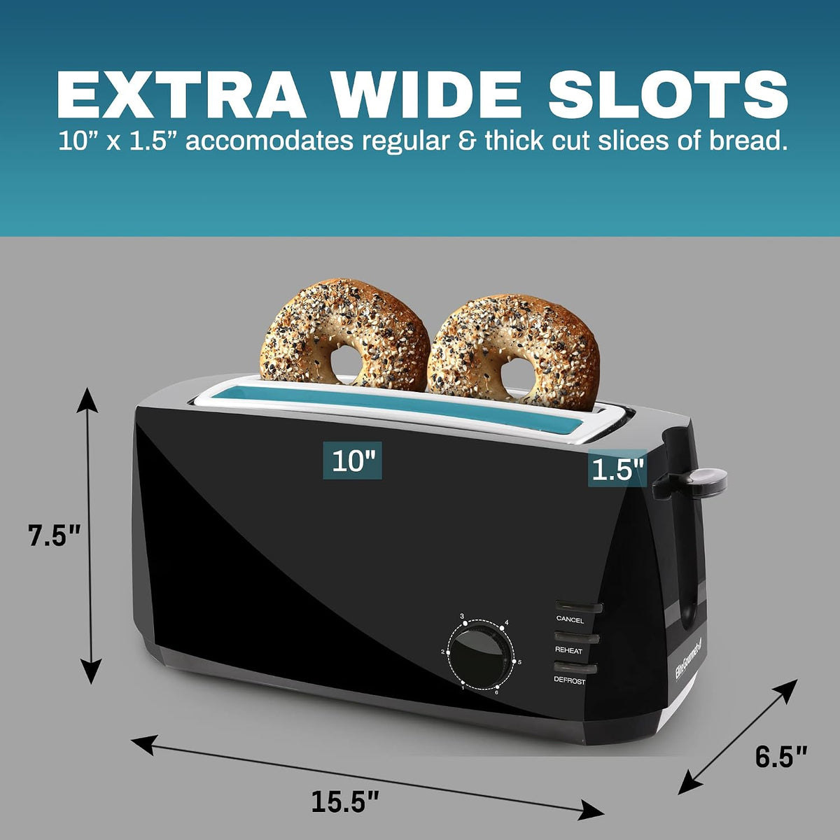 Elite Gourmet ECT4829B Maxi-Matic 4 Slice Long Slot Toaster 6 Toast Settings, Defrost, Reheat, Cancel Functions, Extra Wide 1.5"" Slots for Bagels Waffles, Slide Out Crumb Tray", black