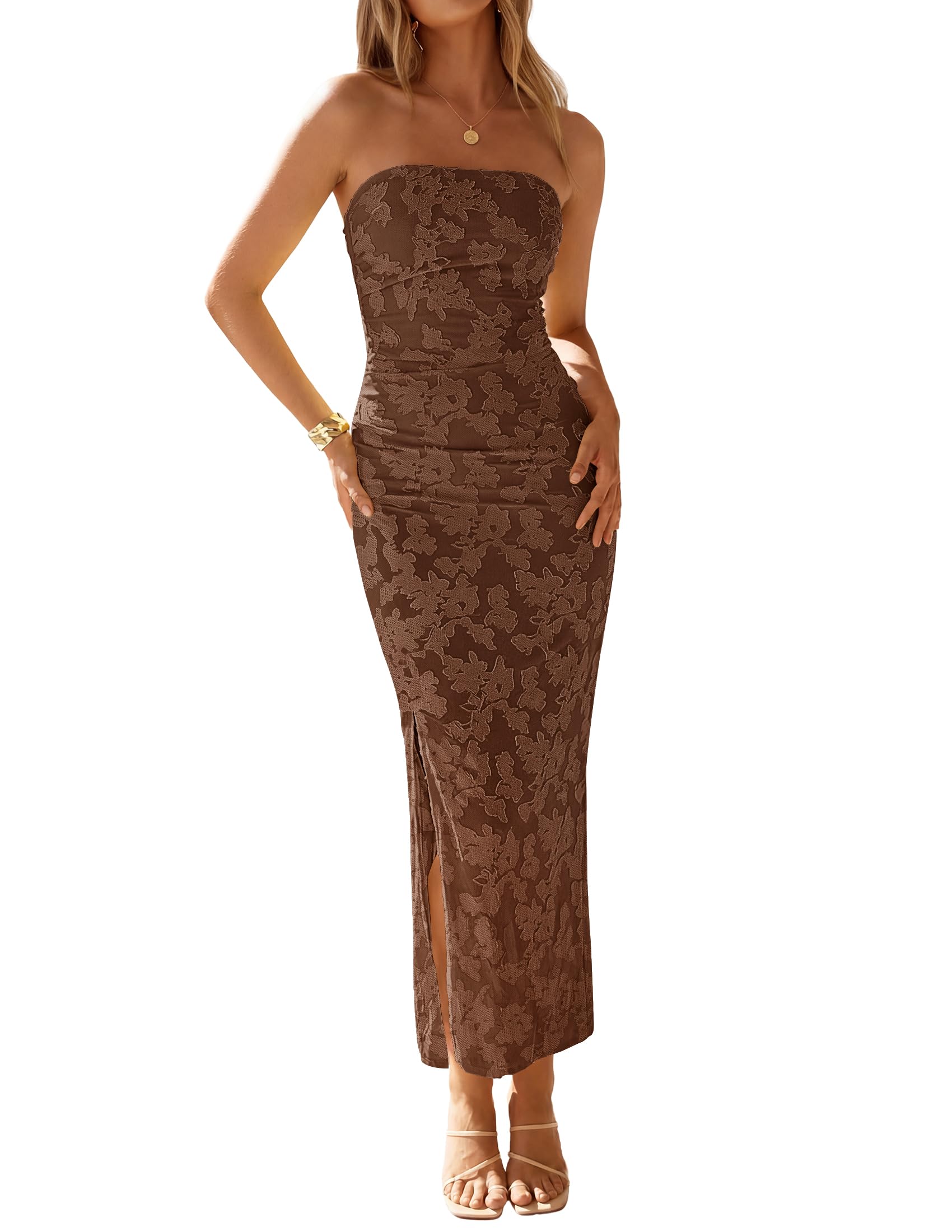ZESICA Womens 2026 Summer Floral Strapless Maxi Dress Bodycon Side Slit Mesh Formal Cocktail Party Wedding Guest Long Dresses