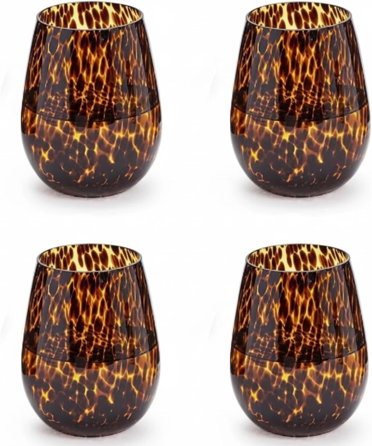 Honeydak Set of 4 Tortoise Leopard Print Brown 16oz Rocks Glasses Stylish Stemless Cocktail Cups Glass Glassware Tumbler Ideal for Gin, Tequila, Vodka, Soft Drinks
