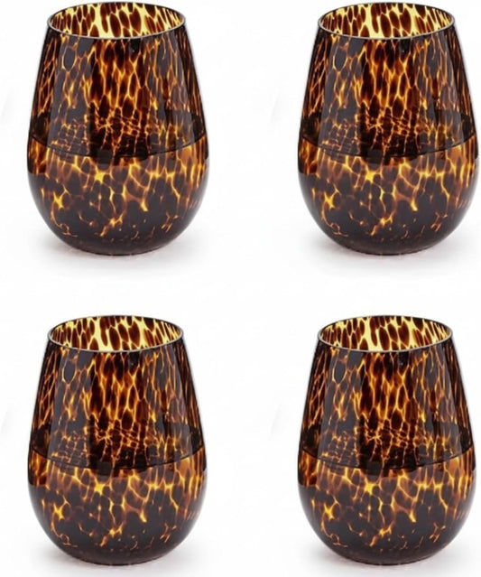 Honeydak Set of 4 Tortoise Leopard Print Brown 16oz Rocks Glasses Stylish Stemless Cocktail Cups Glass Glassware Tumbler Ideal for Gin, Tequila, Vodka, Soft Drinks